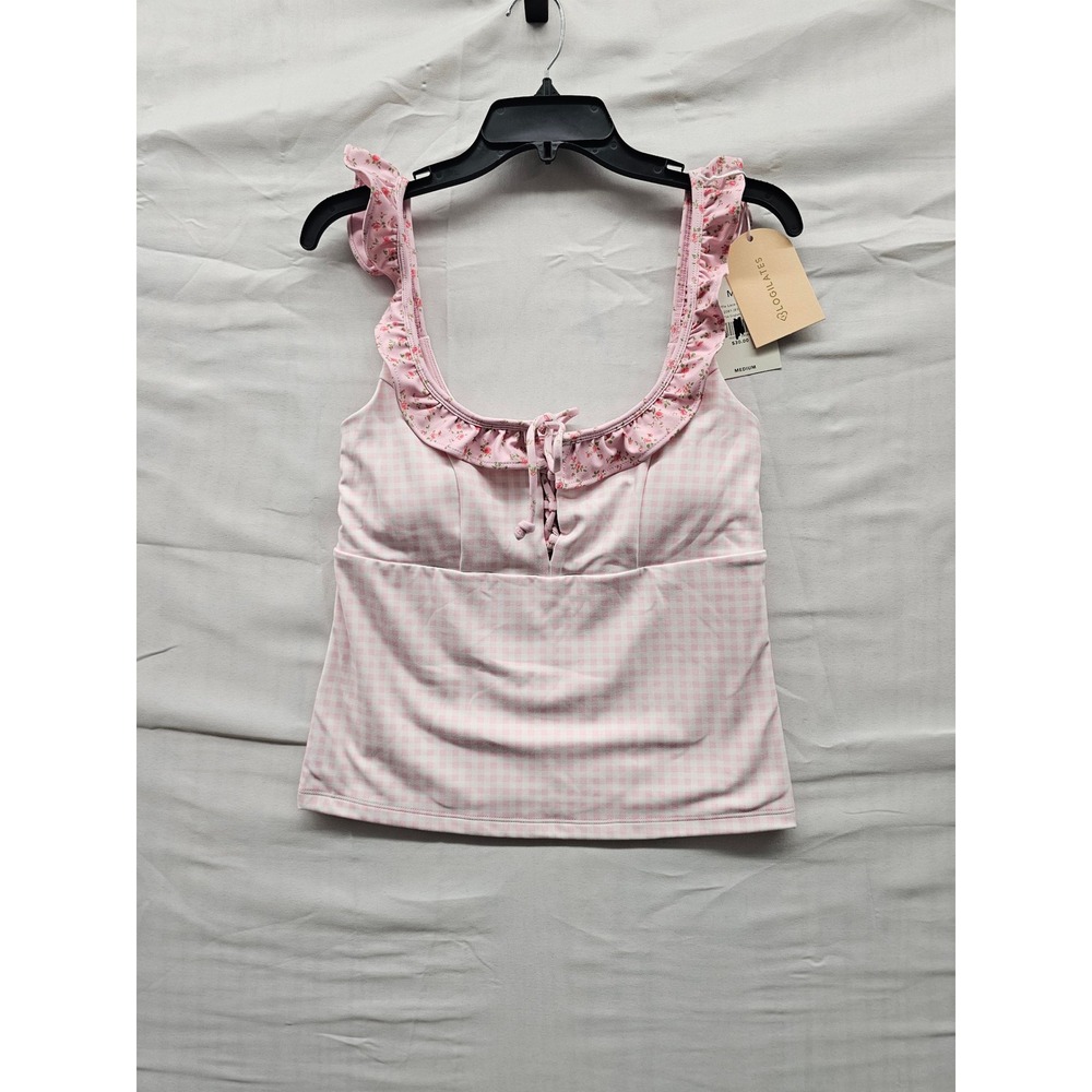 Blogilates Ruffle Lace Up Tank Pink Gingham Floral Activewear Top Medium NWT